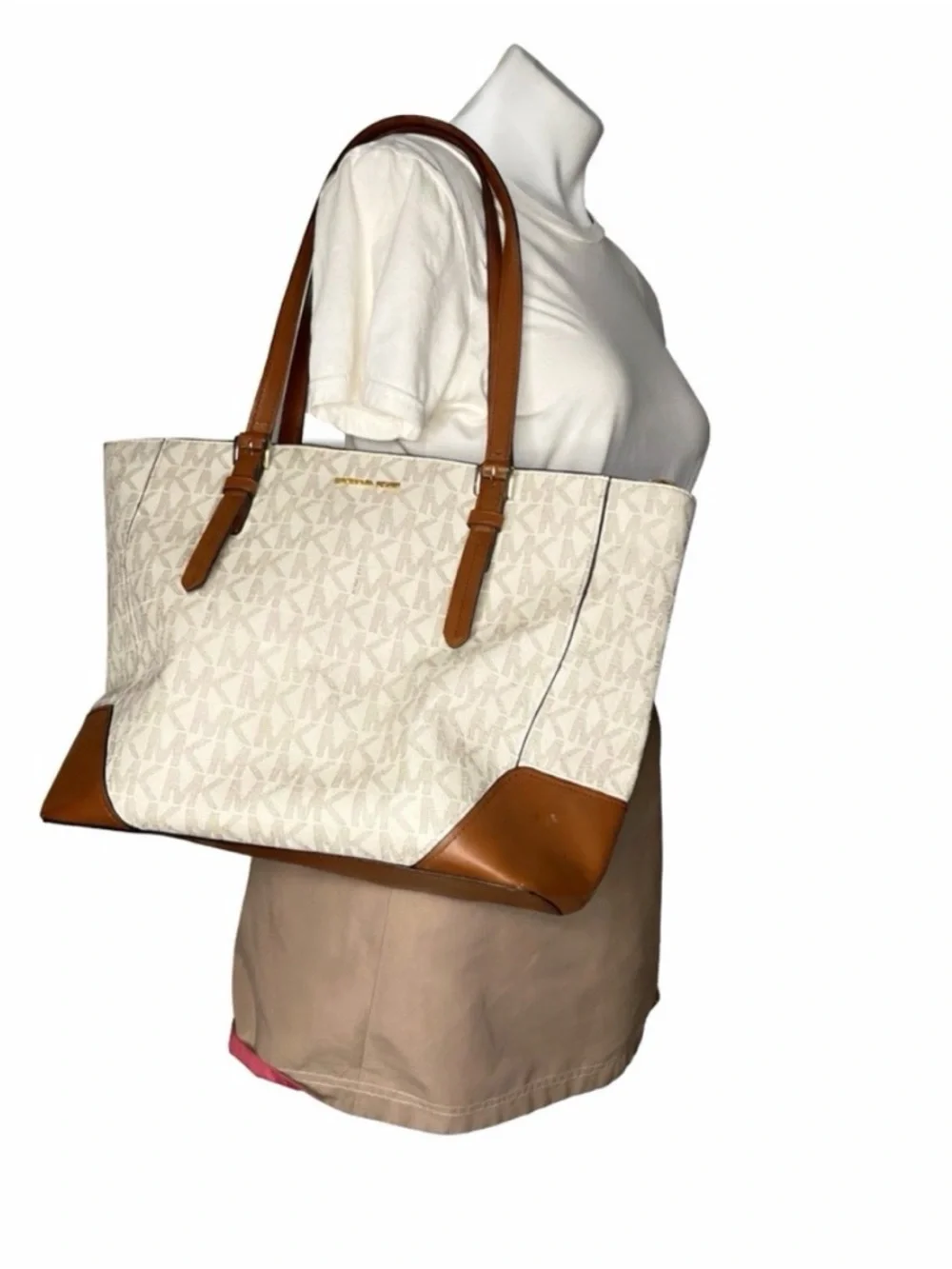MICHAEL KORS Signature Aria Tote Vanilla AOP Gold Tone Hardware FLAWED - Picture 10 of 10